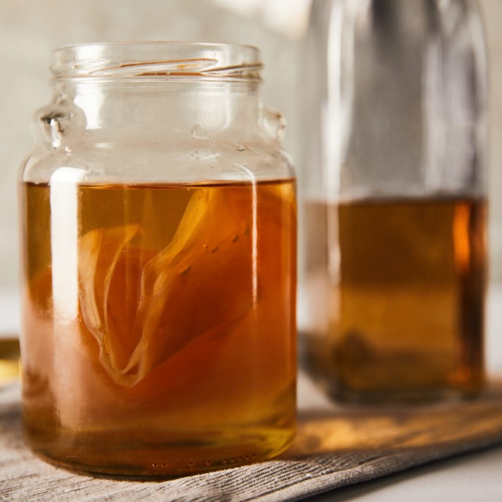 Kombucha Tea with its SCOBY in a jar