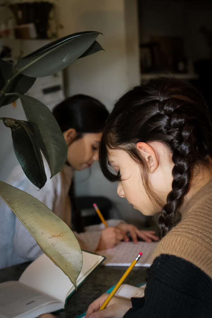 Two girls doing homework in a kitchen